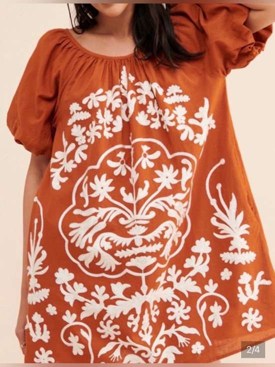 Free People Dresses & Skirts - NWOT Free People Fiona Embroidered Mini Dress Rust Orange Boho Puff Sleeve